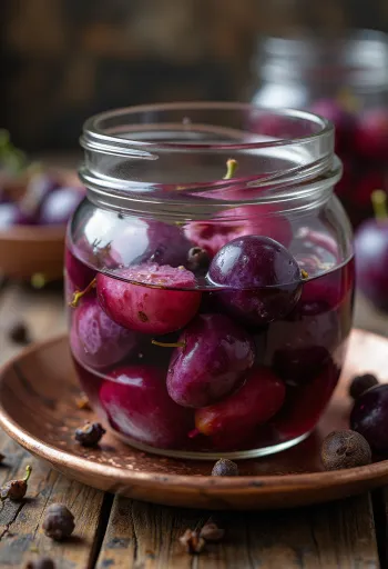 Pickled plums in a glass jar