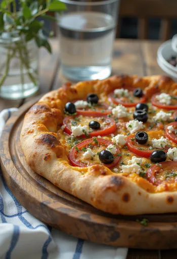 Pizza Greca feta sajttal, fekete olívával és friss paradicsommal