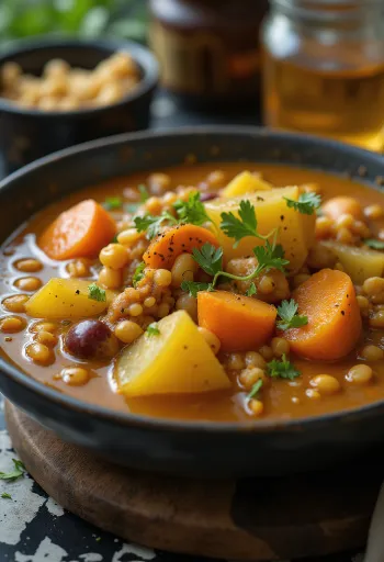 Sambar vegyes zöldségekkel tálalva rizs és zöldséges köret mellett