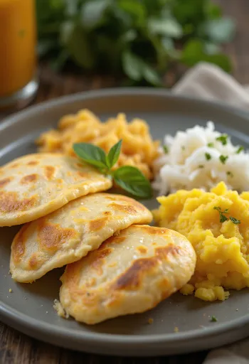 Set dosa pörkölt burgonyával és friss kókuszreszelékkel tálalva