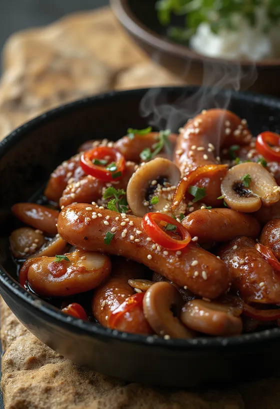 Sundae Jeongol Bokkeum, koreai véres kolbászos étel gombával, chilis piros és korianderrel díszítve