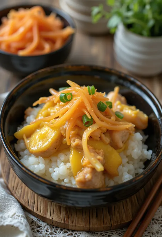 Oyakodon tálalva, csirkecomb, tojás és takuan retek díszítésével
