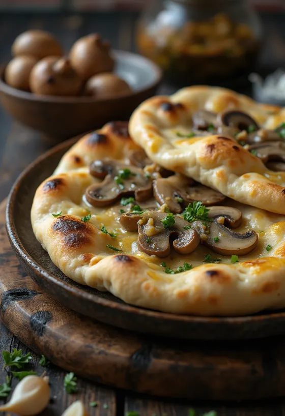 Tejszínes-gombás naan kenyér tálalva