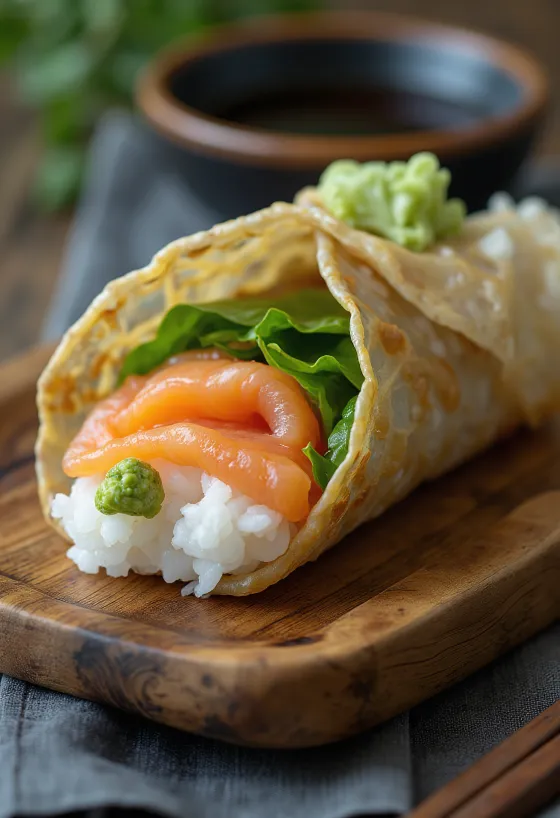 Temaki shisóval, friss lazac és shiso levél a nori algában, tökéletesen tálalva