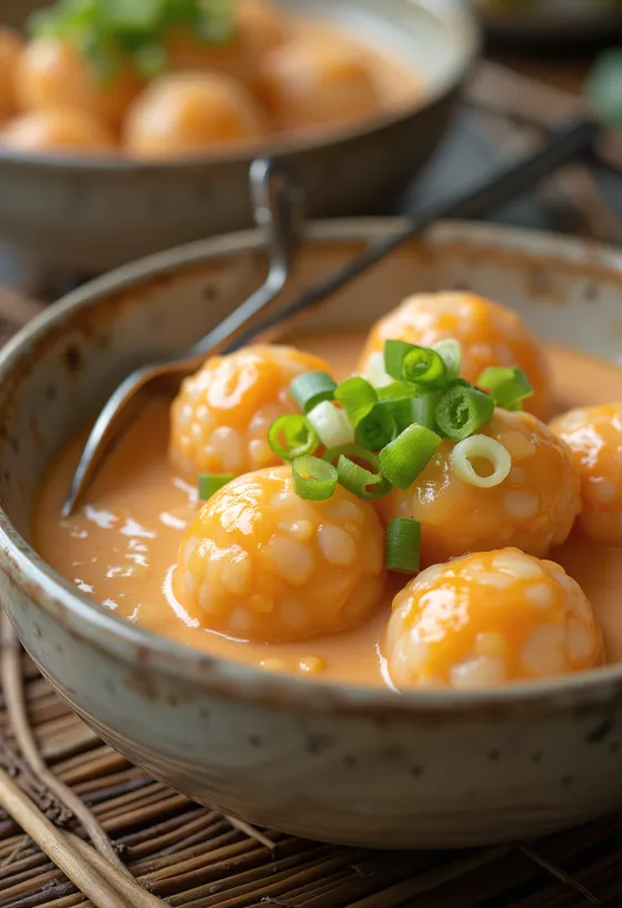 Tteokbokki tejszínes szósszal, koreai rizsgombóc fűszeres tejszínes szósszal, tojással és kimchivel
