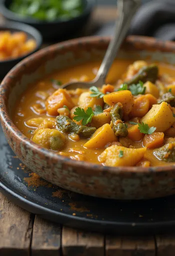 Vegán curry szaftos zöldségekkel és friss korianderrel díszítve