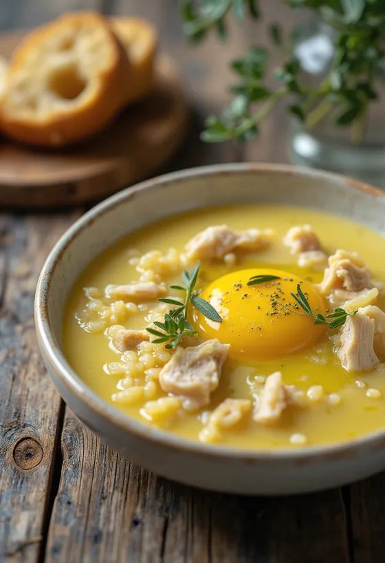 Avgolemono egész tojással, görög tojásos citromleves, rizs és zöldségekkel