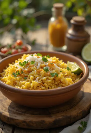 Bajra upma, friss korianderrel és lime-mal tálalva