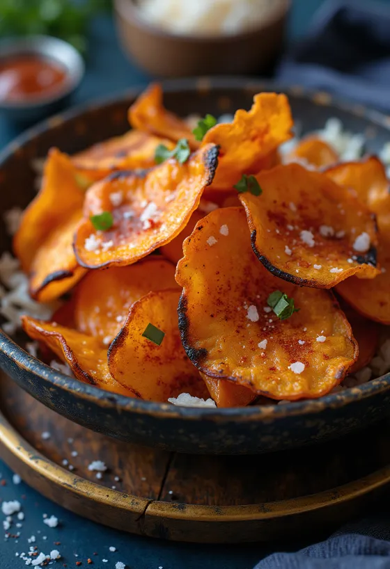 BBQ grillezett édesburgonya chips tálalva