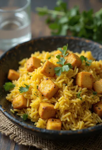 Biryani tofuval gazdag, fűszeres tofuval és basmati rizzsel, friss korianderrel és mentával díszítve.