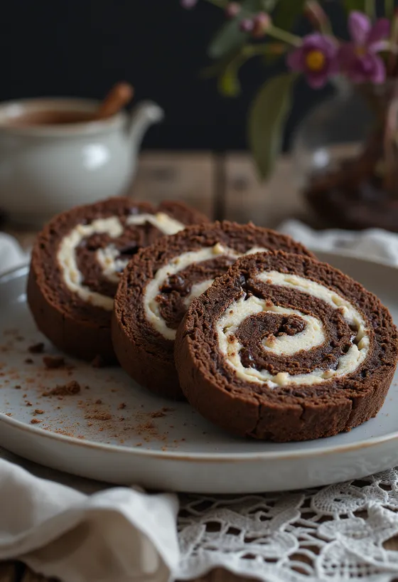 Bolo de Rolo csokoládéval, csokoládés töltelékkel, piskótatekercs formájában