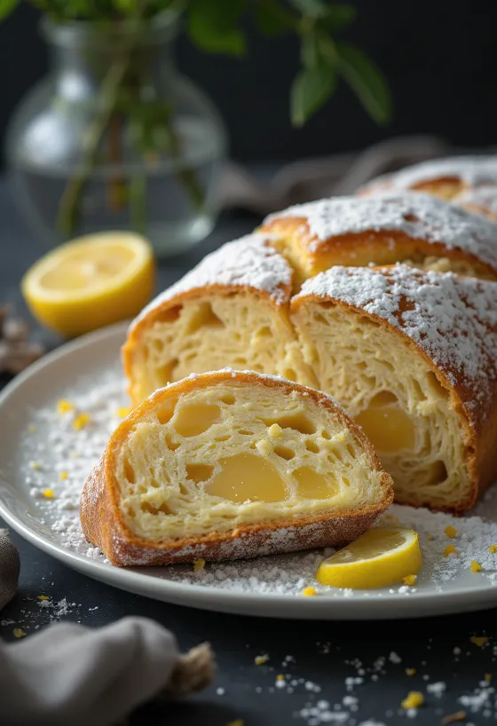 Citromos-marcipános Stollen szeletelve, porcukorral megszórva, rusztikus felületen