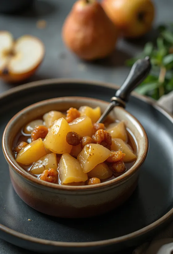 Édes-savanyú körtés chutney tálalva