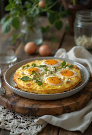 Frittata padlizsánnal és feta sajttal egy serpenyőben sütve, friss petrezselyemmel megszórva