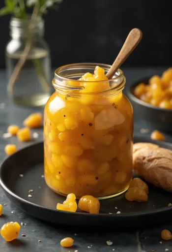 Ginger chutney üvegben, gazdag sárga színű fűszeres szósz