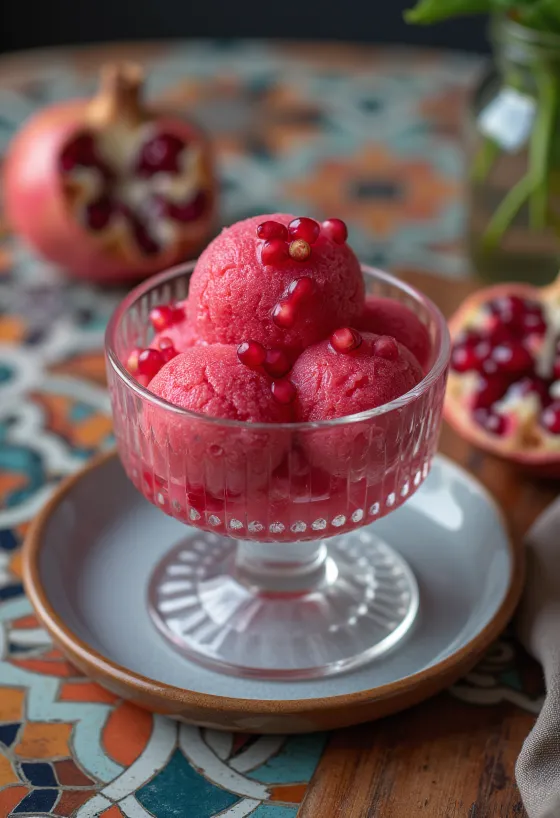 Gránátalmás sorbet tálalva