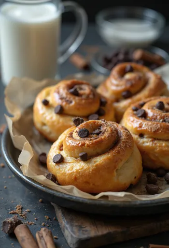 Kanelbulle csokoládé darabokkal, frissen sütve, aranybarnára pirulva tálalva