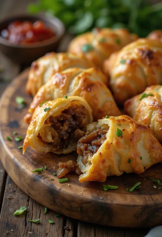 Khasta kachori hagymás töltelékkel, friss korianderrel tálalva