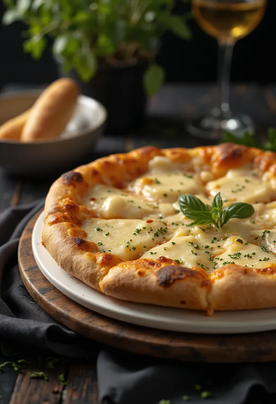Klasszikus Quattro Formaggi pizza tálalva