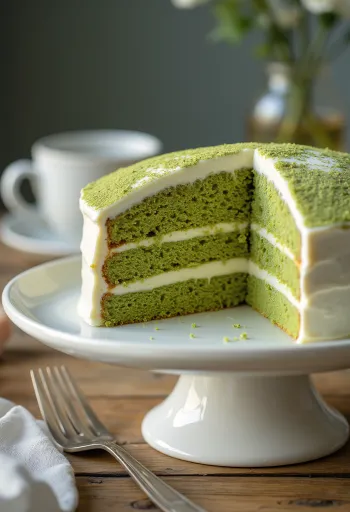 Matcha zöldteás torta mascarpone krémmel és matcha porral díszítve