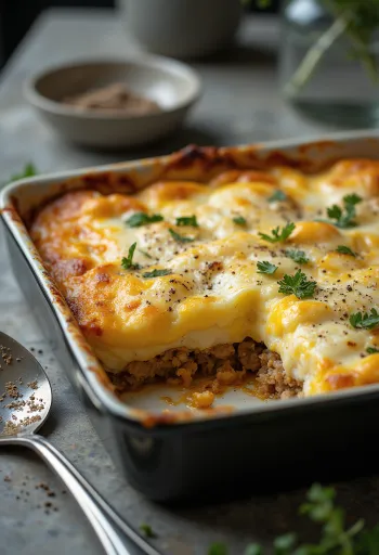 Moussaka fokhagymával, padlizsánnal és darált hússal rétegezve