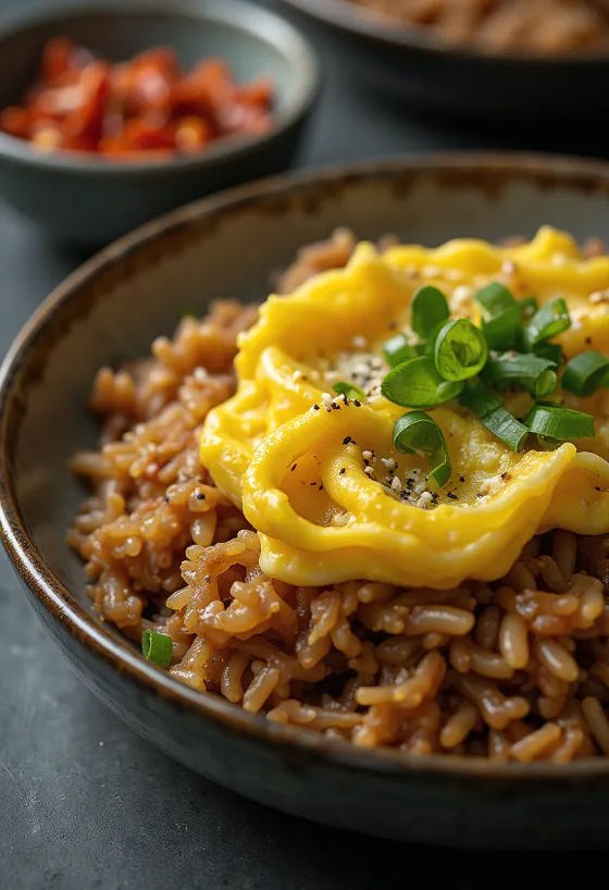 Nasi Goreng Tojással, gazdag fűszerekkel és tojással tálalva