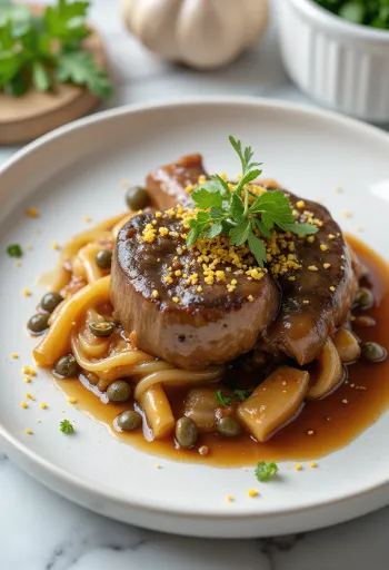 Osso buco kapribogyóval, friss petrezselyemmel és gazdag szafttal tálalva