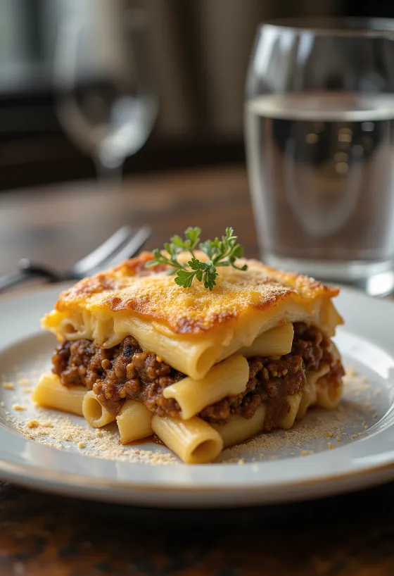 Pastitsio rakott tészta tálalva
