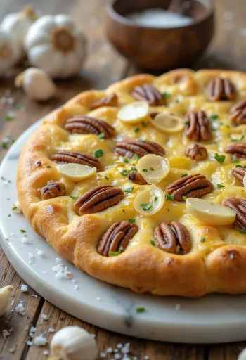 Pekándiós-rozmaringos fokhagymás focaccia tálalva
