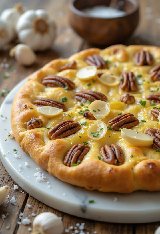 Pekándiós-rozmaringos fokhagymás focaccia tálalva