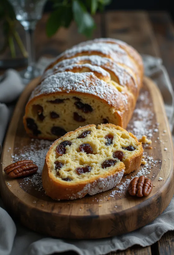 Pekándiós-rumos Stollen szeletek tálalva