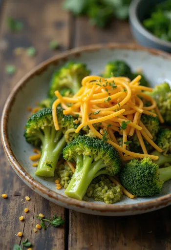 Pesto brokkolival és cheddar sajttal tálalva