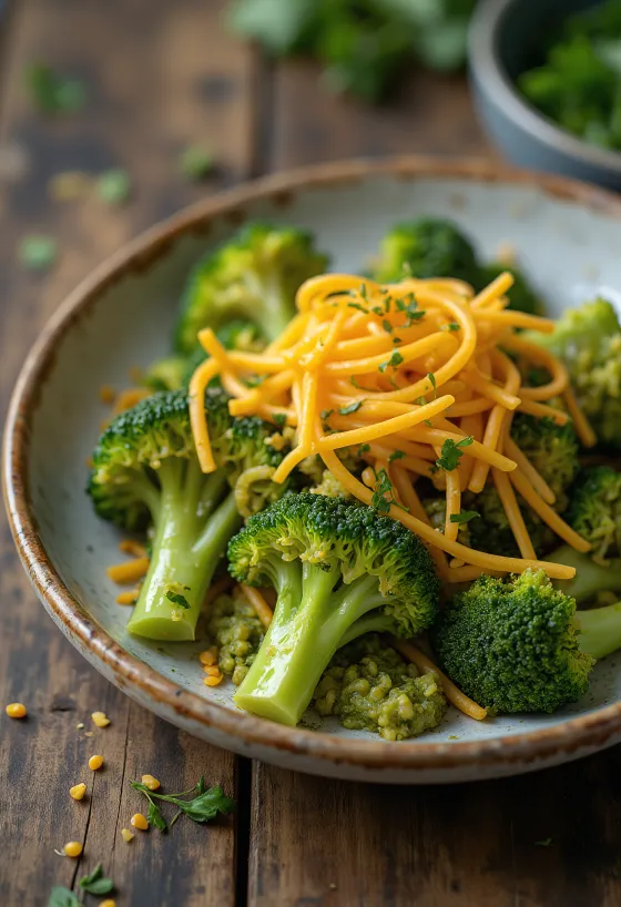 Pesto brokkolival és cheddar sajttal tálalva