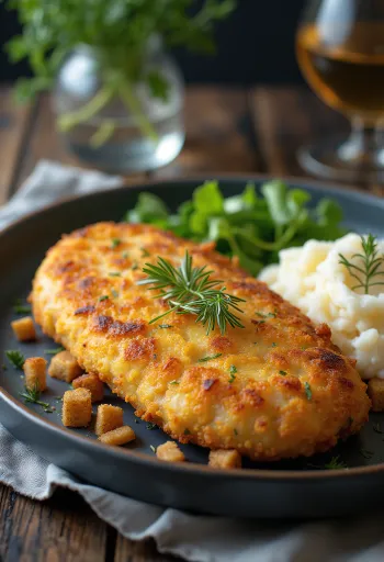 Pozharsky cutlet, orosz csirkepogácsa vajjal és zsemlemorzsával, burgonyapürével tálalva