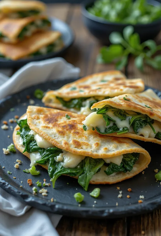 Quesadilla spenóttal és olvadt sajttal töltve, félbevágva tálalva