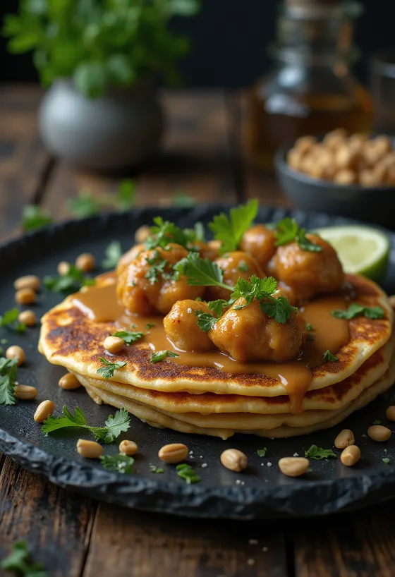 Satay pancake mogyorós csirkével és korianderrel tálalva