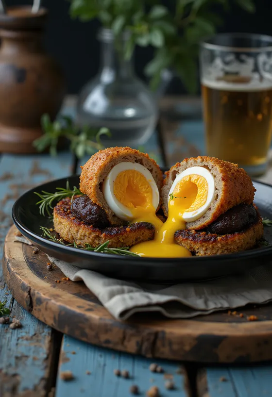 Scotch egg fekete pudinggal, egy tálon tálalva, ropogós bundázott tojás