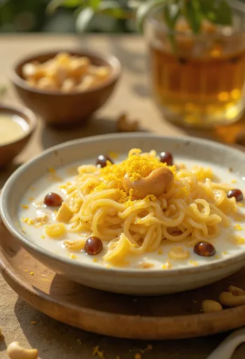 Semiya payasam vermicellivel, mazsolával és pirított kesudióval tálalva