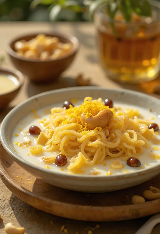 Semiya payasam vermicellivel, mazsolával és pirított kesudióval tálalva