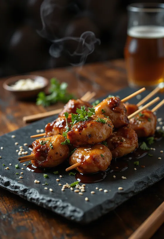 Shiro yakitori csirke belsőség pálcikán, szezámmaggal és friss zöldhagymával tálalva