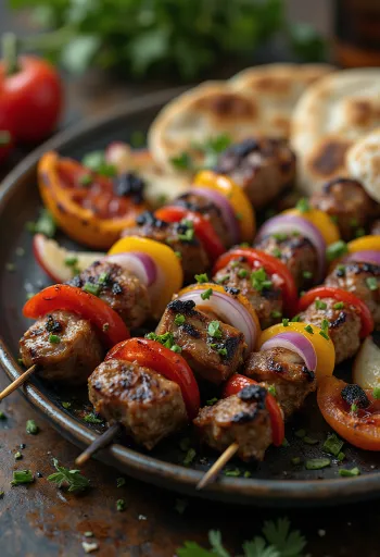 Shish kebab nyárson grillezett hús és zöldségek