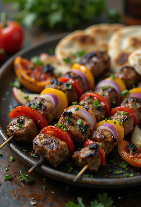 Shish kebab nyárson grillezett hús és zöldségek