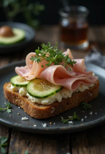 Smørrebrød sonkával és sajttal, friss uborkával és petrezselyemmel díszítve.