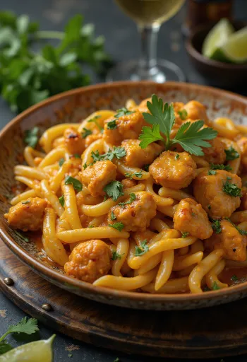 Tandoori csirke tészta friss korianderrel és lime levével tálalva