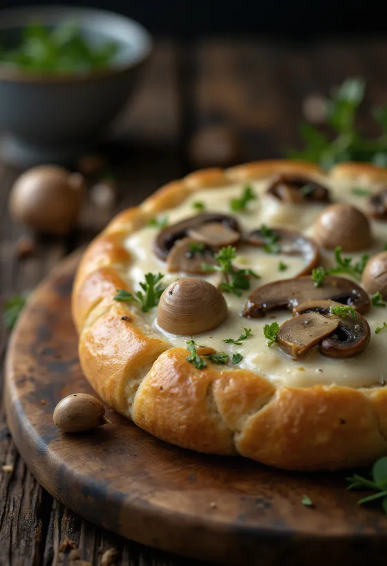 Tejszínes-gombás-fokhagymás focaccia tálalva