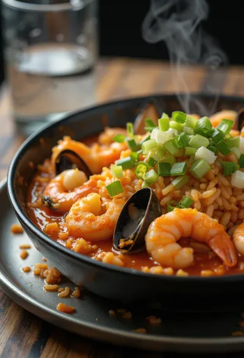 Tteokbokki tenger gyümölcseivel, koreai rizsgombóc fűszeres szósszal, tojással és kimchivel