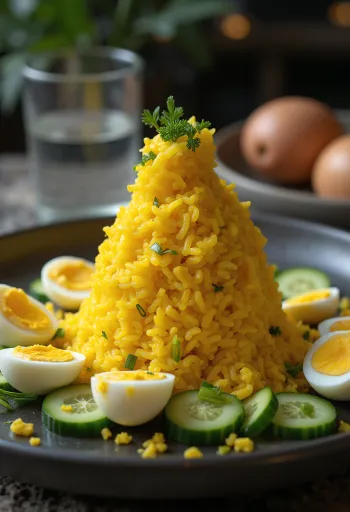 Tumpeng főtt tojással, piramis alakú rizses étel tojás díszítéssel