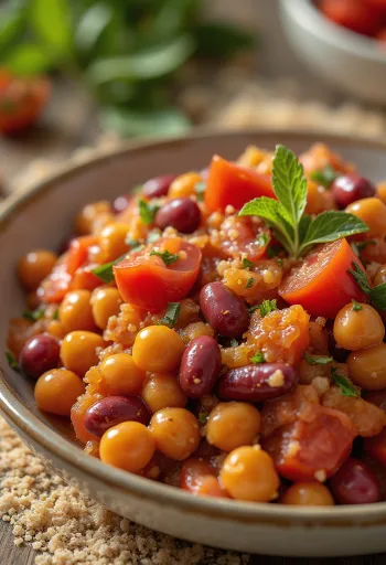 Vegán babsaláta friss zöldségekkel tálalva