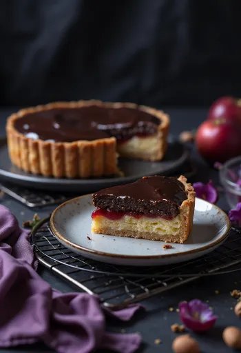 Bakewell tart csokoládéval, mandulás töltelékkel és csokoládéval a tetején