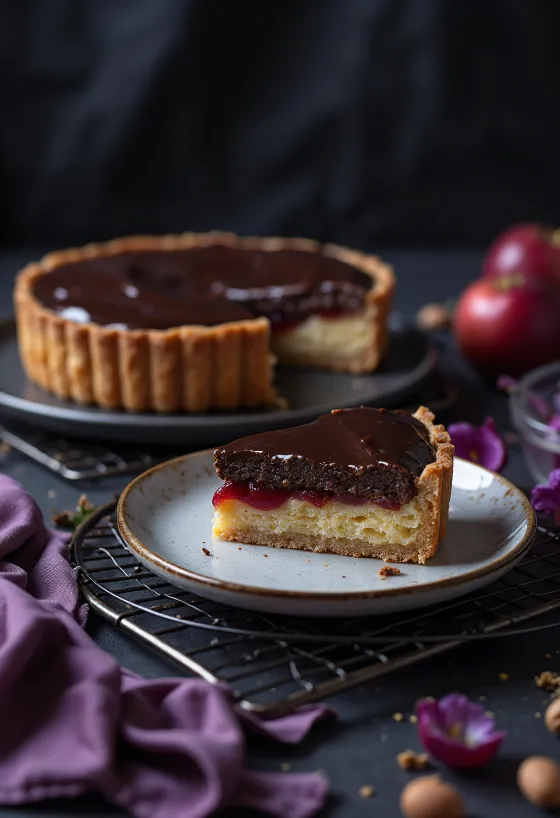 Bakewell tart csokoládéval, mandulás töltelékkel és csokoládéval a tetején